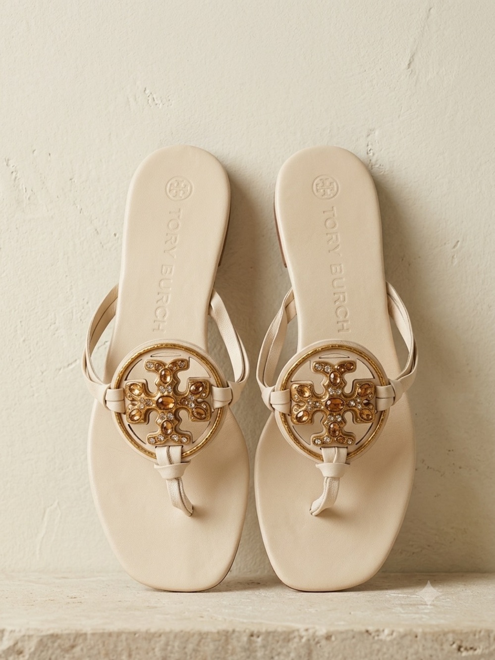 Tory Burch Crystal Embellished Miller Sandals Knotted Leather Thong ivory 8.5